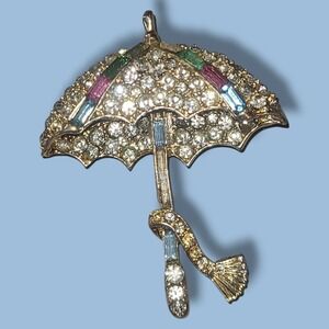 Pell‎ Rhinestone Umbrella Brooch Vintage Multicolor Baguette Signed Missing...
